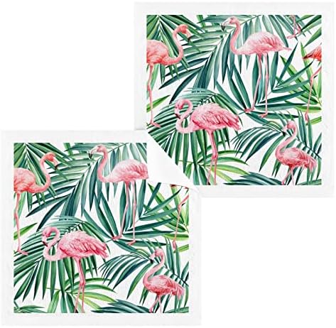 Алаза миење ткаенина поставена зелена палма лисја Фламинго - пакет од 6, памучни крпи за лице, високо апсорбирачки и меко чувство на прсти