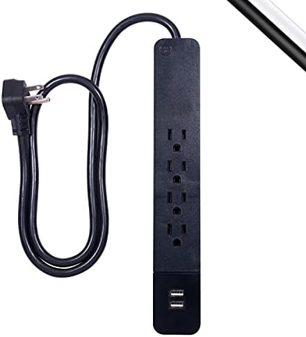 GE, Black, Power Strip Surge Protector, Charger, 4 продажни места, 2 USB порти, брзо полнење, рамен приклучок, долг кабел, 3ft, 37053,