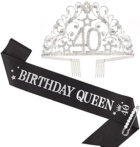 BRT BEACHINGSHUI 40 -ти роденден Саш и Тијара за жена, роденденски саш круна 40 роденден кралица Саш за жена, 40 -ти роденденски