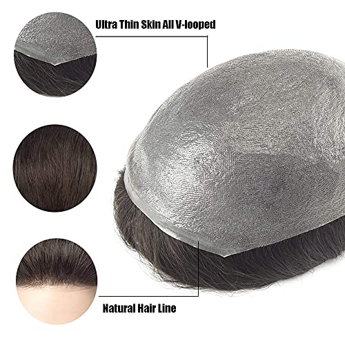 Lordhair Toupee За Мажи со Европска човечка коса 8x10 инчен Фризура за Мажи 0,06 mm Ултра Тенка Кожа Фризура Сите V-јамка Менс Toupee