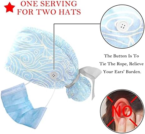 Работна капа со копчиња и врски со лента за жени 2 пакувања, шарена музика прилагодлива унисекс хируршки капачиња за чистење капа