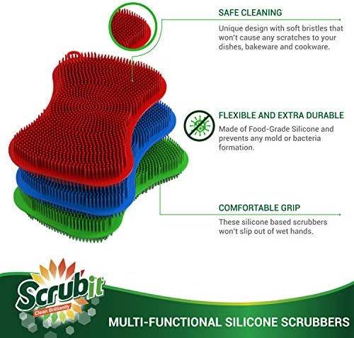 6 пакет силиконски чистење сунѓер од Scrubit - Вистински силикон што не е гребење и не -мирис кујна чистач подлога за садови, овошје, зеленчук