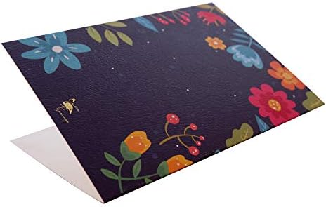 КАРТИ ЗА ГОДИНА - Златна фолија разнобојна цветна темно сина текстура честитка со плик Крафт - 5 x 7 - Среќна годишнина картичка за