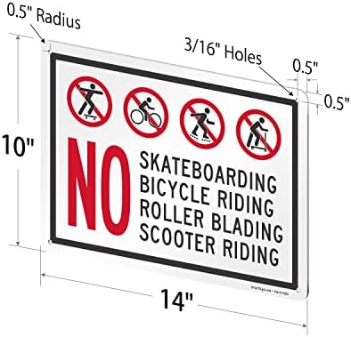 Паметен број „Без скејтбординг, возење велосипед, ролериско трескање, возење со скутер“ метален знак со симболи, 10 x 14 инчи, 40 мил.