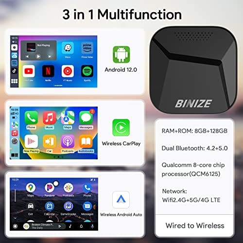 Binize Carplay Ai Кутија Андроид 12, 8GB+128GB, 8-Јадро, Компатибилен со безжичен CarPlay &засилувач; Безжичен Android Авто, Магија Мултимедијални