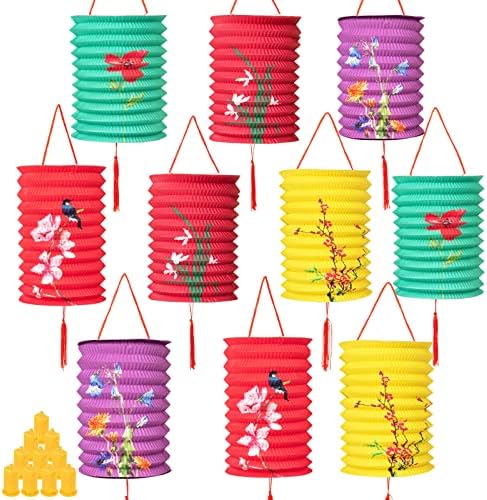 10 парчиња кинески фенери за хартија ламба разнобојна хартија виси фенер со LED светла цветна средна есенска декорација на јапонски фенери за