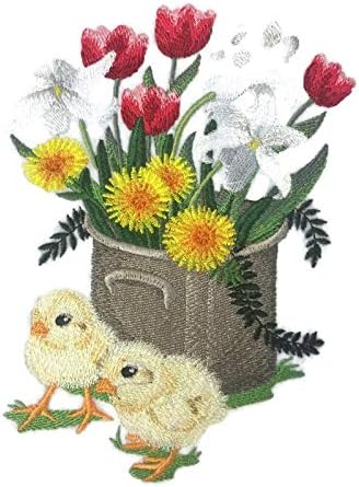 BeyondVision Custom и уникатен пролетен цвет цвет со вазна [пролетни шевови пилиња] извезено железо на/шива лепенка [6,37 * 4.86] [Направено во САД]