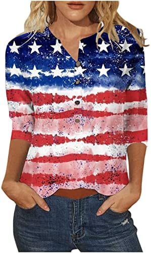 Hgccgdu жени 4 -ти јули Хенли кошули во САД знаме печатени маички блуза со должина на лактот 2023 празници 3/4 Патриотски кошули