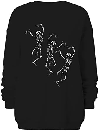 Женски танцувачки скелети плашливиот џемпер преголем дел од екипажот на долги ракави гроздобер врвови лабава лесна капна капка рамо пуловер