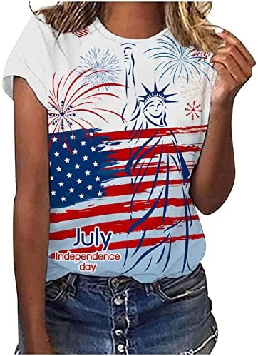 Дами екипаж на вратот на вратот, обични блузи, маички со кратки ракави во САД, знаме, опуштено вклопено летно блузи 2023 Qt