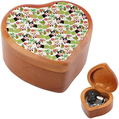 Смешно кучиња Хаваи Корги срце Музички кутија Дрвени музички кутии Најдобар подарок за годишнината Божиќ роденден