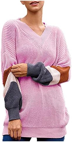Темперамент за џемпер на женски кукавички врат v- врат лабава договор за крпеница во боја џемпер теринг со долг ракав