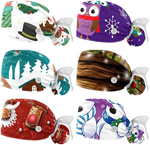 Медицински капачиња Ratgdn за жени со копчиња долга коса, 6 парчиња прилагодливо работно капаче, Среќна Божиќна декорација разнобојно