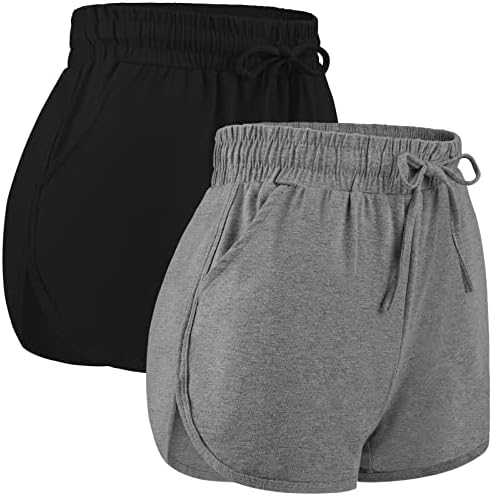 Uratot 2 пакуваат женски атлетски кратки памучни панталони за јога, спортски шорцеви со џебови и влечење