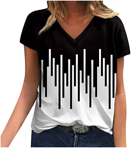 Женски кратки ракави V-вратот лабава обични маици летни врвови цветни печати удобни меки блузи тунични маички 2023 трендовски