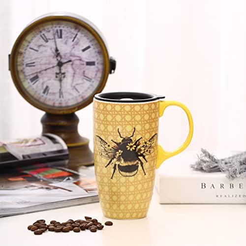Волтогар керамичко кафе за чаша за чаши за кафе со капа за дома и канцеларија, 17oz порцеланска чаша со чај со рачка од пчела, 6,5 ч