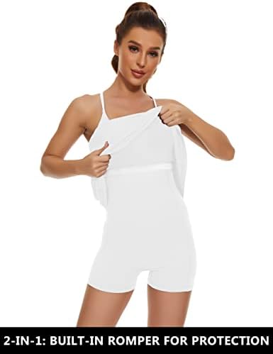 Omенски тениски фустан, 2-во-1 голф тренинг фустан со вградени џебови за градници и шорцеви, атлетски фустани со прилагодлива лента