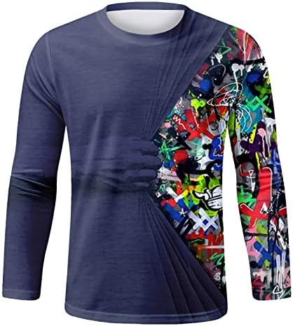 Queshizhe Mens Fashion Retro Sports Fitness Outdoor 3D дигитална печатена маица со долги ракави кошула Топ блуза од блуза
