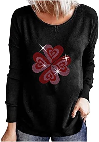 Маица со долг ракав со жени едноставна удобна loveубов графики печати блуза врвови случајно лабава фитла кошула за пулвер