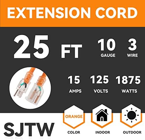 Осветлен кабел за продолжување на отворено EP 25 ft - 10/3 SJTW тешка портокалова кабел за продолжување со 3 приклучок за заземјување