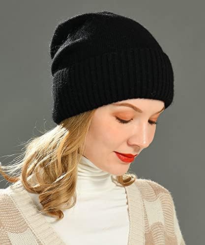 Јаксмоној Кашмир Слауни Бејнс за жени Зимска лесна девојки Волна плетена капа манжетирана мека топла Слауч Бејни капа
