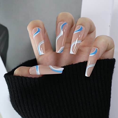 Фурубета Прес на ноктите долги ковчези Француски лажни нокти Целосно покритие голи акрилни нокти за жени и девојчиња 24 парчиња