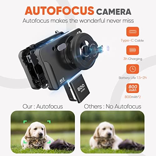 Esoxoffore Дигитална камера за тинејџери, 2,7K 40MP Автоматски фотоапарат со фотоапарат со 180 степени флип екран, 16x дигитален зум Компактна