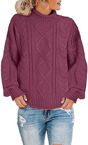 Turtleneck џемпер за жени обичен бучен кабел плетен џемпери за пулвер, гроздобер долг ракав лабав џумер врвови виолетова