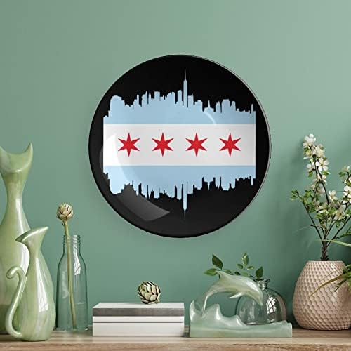 Знаме на Чикаго со згради Skylinecustom Фото коска Кина Декоративна чинија личност Керамичка чинија за вечера за жени мажи подароци со штанд