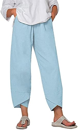 Kcjgikpok жени постелнина панталони, палацо висока половината летна постелнина каприс панталони со џебови од распрскувачки јога