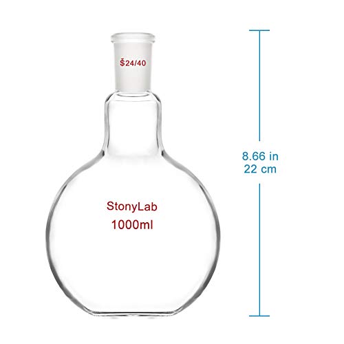 StonyLab стакло 1000 ml Тешкиот wallид со единечен врат рамен дно, вриење, со 24/40 стандарден надворешен зглоб, 1000 мл