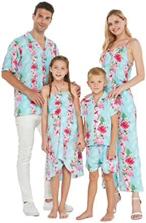 Соодветно семејство хавајски луу мажи, женско момче момче облека во розова хибискус лоза тиркизна