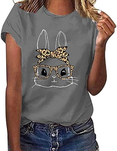 Симпатична зајак печатени врвови за жени обични летни летни маици за велигденски ден кратки ракави околу вратот лабава маица