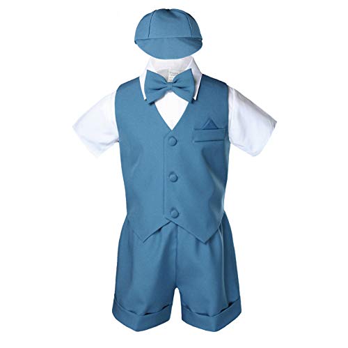 Unotux Teal Tomen Boys Toddler Eton 5PC формални шорцеви за елек поставени костуми капа S-4t)