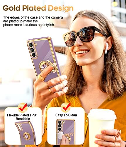 Леји За Samsung Galaxy S21 FE 5G Случај Со Калено Стакло Заштитник На Екранот [2 Пакет] 360° Ротирачки Прстен Држач Магнетни Kickstand, Позлата