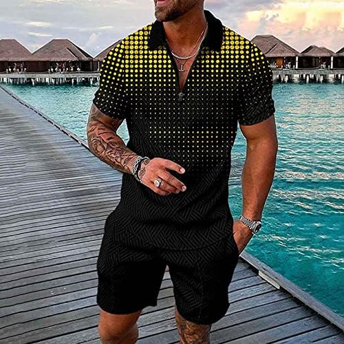 Менс 2 парчиња спортски поставуваат машки летни обични печати за печатење, исклучете го јака блуза кратки ракави врвови шорцеви за кошули