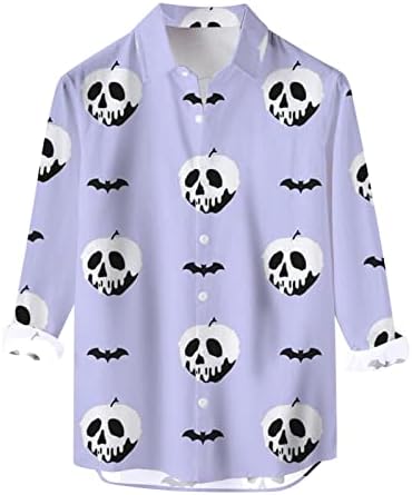 XXBR Ноќта на вештерките Обични кошули за мажи, гроздобер застрашувачки скелет печати долг ракав копче надолу фустан кошула хавајски