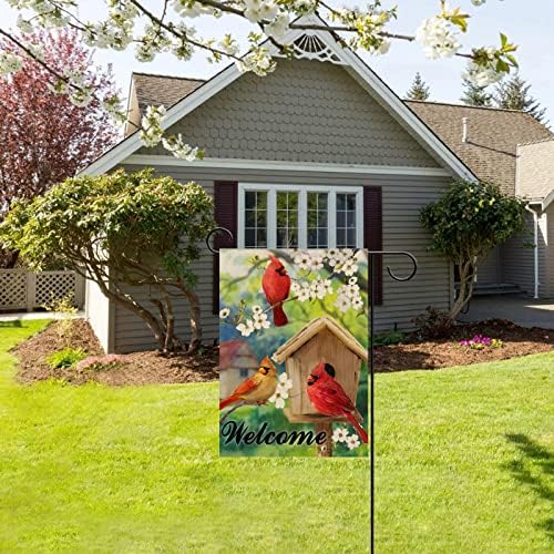 Артофи добредојде лето кардинал црвени птици Дома Декоративно градинарско знаме, дворот на птици надвор од декор, пролетна фарма куќа отворено
