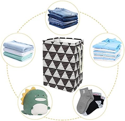 Апстрактни ленти триаголници црно -бела шема Голема алишта за перење со лесна рачка за носење, водоотпорна корпа за перење алишта за отпадоци