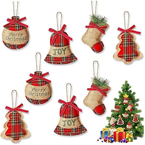 8 пакувања рустикални украси за новогодишни елки за елкирање на новогодишни декорации, порибно топка дрво, со гроздобер црвена и зелена карирана
