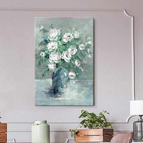 Ут-арт бело розово artидно сликарство: Цвет со зелени лисја платно слика со рачно насликани уметнички дела за канцеларија