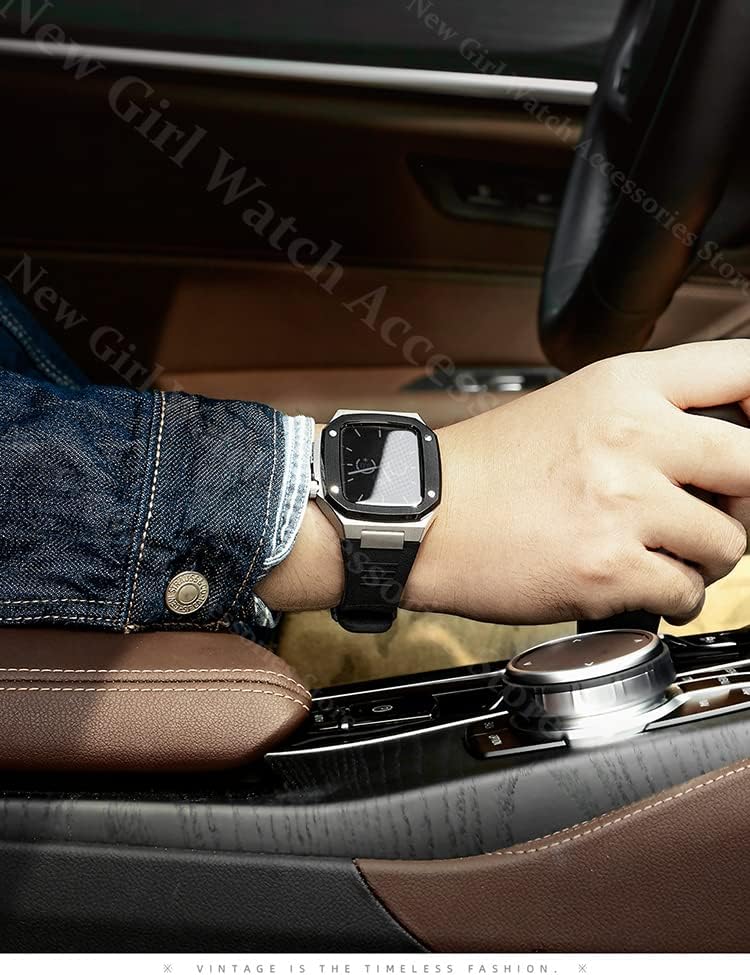 Комплет за модификација на луксуз CNHKAU за опсег на Apple Watch, кутија за часовници од не'рѓосувачки челик+гумен каиш, погоден