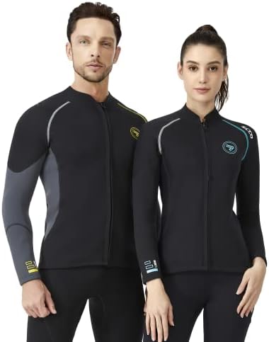 Wetsuit Топ машки 1,5 мм неопренска јакна, јакна од предни патенти со долги ракави за нуркање за пливање, нуркање, нуркање во нуркање, сурфање…