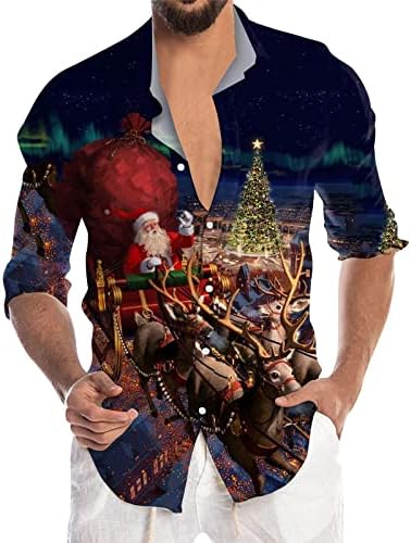 Xxbr Божиќно случајно копче надолу кошули за мажи со долг ракав јака од вратот на вратот на врвовите на XMAS снегулка за печатење, кошула