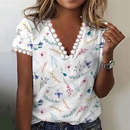 Елегантна маица на жените V вратот од вратот чипка на врвови симпатични цветни печати со кратки ракави 2023 летни фустани блузи