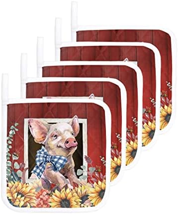 Кујнски патол сет од 5, смешна свиња во земја со лак во држачи за штала во тенџере, топлински доказ за топла подлога, рустикални сончогледи