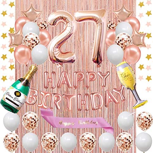 Fancypartyshop 27-Ми Роденден Украси-Розово Злато Среќен Роденден Банер И Појас Со Број 27 Балони Латекс Конфети Балони Идеален За Девојче