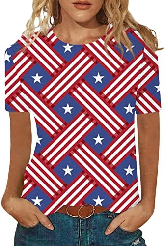 Врвови за кратки ракави на жени трендовски ден на независноста на САД, печатени врвни обични маици со блузи од врата, основни трендовски маици