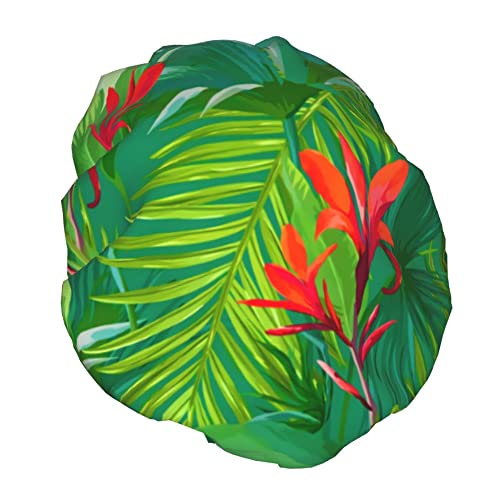 Туш капа за коса Голема зелена тропска растение цветна бања капа за коса, преносно капаче за коса, прилагодливо водоотпорно капаче