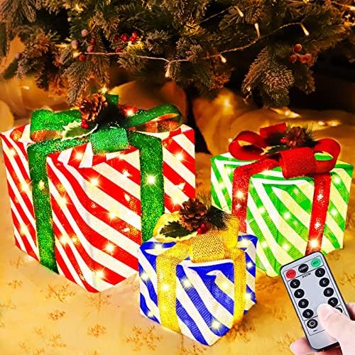 [Супер голем 12 -10- 8 ] 3 парчиња Божиќни осветлени кутии за подароци Декорација 60 LED тајмер 8 режими далечински управувач со батерија